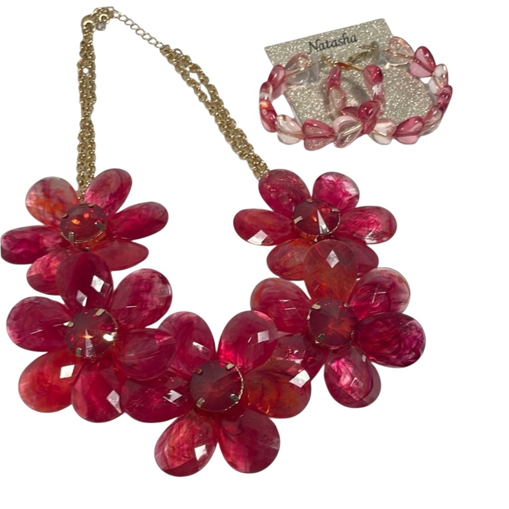 🆕 Natasha Couture Pink Heart Earrings & Anna & Ava Pink Floral Necklace Set NWT
